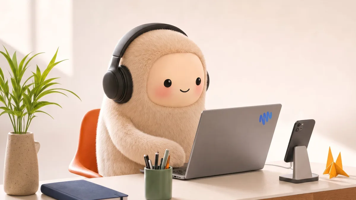 Muse wearing headphones and working at a laptop